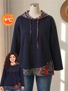 Rusticease Plus Size Women's Color Block Hooded Drawstring Long Sleeve Casual Traditional Smart 80s 90s Pullover Sweatshirt Autumn Date Night Formal Navy Blue - Multicolor - View 8