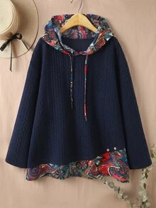 Rusticease Plus Size Women's Color Block Hooded Drawstring Long Sleeve Casual Traditional Smart 80s 90s Pullover Sweatshirt Autumn Date Night Formal Navy Blue - Multicolor - View 7