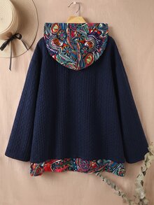 Rusticease Plus Size Women's Color Block Hooded Drawstring Long Sleeve Casual Traditional Smart 80s 90s Pullover Sweatshirt Autumn Date Night Formal Navy Blue - Multicolor - View 2