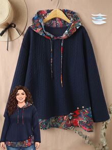 Rusticease Plus Size Women's Color Block Hooded Drawstring Long Sleeve Casual Traditional Smart 80s 90s Pullover Sweatshirt Autumn Date Night Formal Navy Blue - Multicolor - View 1