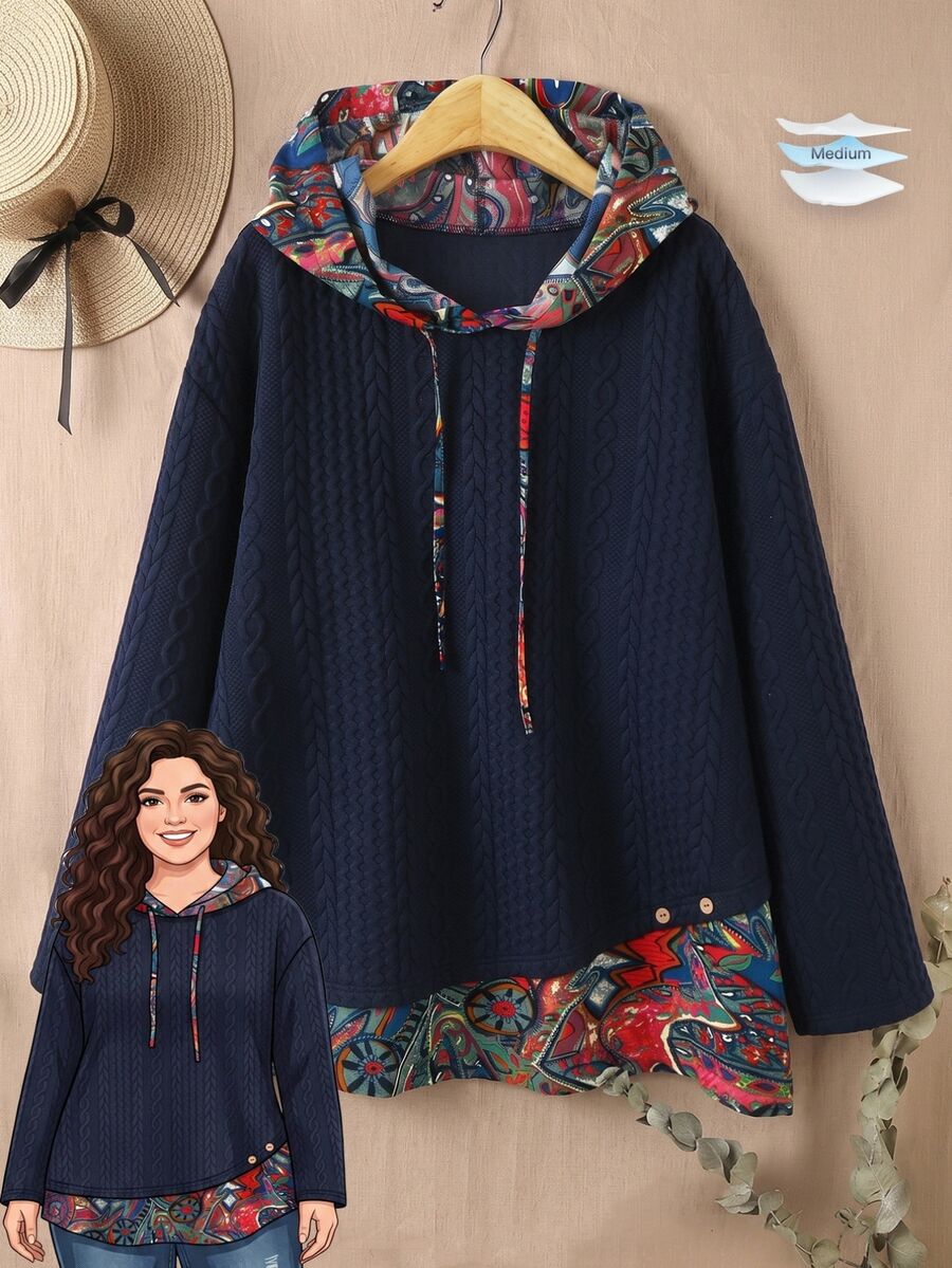 Rusticease Plus Size Women's Color Block Hooded Drawstring Long Sleeve Casual Traditional Smart 80s 90s Pullover Sweatshirt Autumn Date Night Formal Navy Blue - Multicolor - View 1