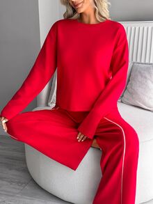 SHEIN Women's Solid Red Long Sleeve Pajama Set, Crew Neck Top With Matching Straight Leg Pant With Binding Detail Pj Lounge Sleep Casual Kawaii - Red - View 7