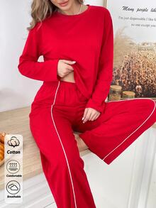SHEIN Women's Solid Red Long Sleeve Pajama Set, Crew Neck Top With Matching Straight Leg Pant With Binding Detail Pj Lounge Sleep Casual Kawaii - Red - View 3