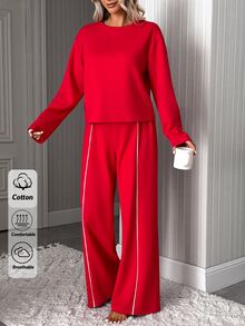 SHEIN Women's Solid Red Long Sleeve Pajama Set, Crew Neck Top With Matching Straight Leg Pant With Binding Detail Pj Lounge Sleep Casual Kawaii - Red - View 9