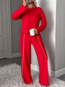 SHEIN Women's Solid Red Long Sleeve Pajama Set, Crew Neck Top With Matching Straight Leg Pant With Binding Detail Pj Lounge Sleep Casual Kawaii - Red - View 5