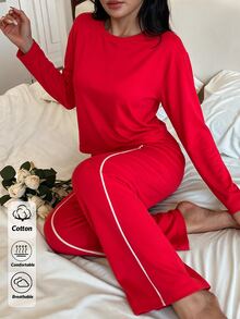 SHEIN Women's Solid Red Long Sleeve Pajama Set, Crew Neck Top With Matching Straight Leg Pant With Binding Detail Pj Lounge Sleep Casual Kawaii - Red - View 1