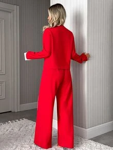 SHEIN Women's Solid Red Long Sleeve Pajama Set, Crew Neck Top With Matching Straight Leg Pant With Binding Detail Pj Lounge Sleep Casual Kawaii - Red - View 2