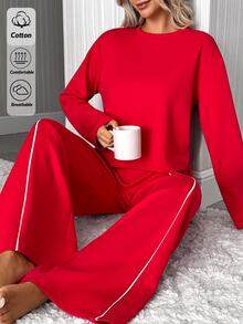 SHEIN Women's Solid Red Long Sleeve Pajama Set, Crew Neck Top With Matching Straight Leg Pant With Binding Detail Pj Lounge Sleep Casual Kawaii - Red - View 6