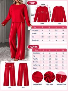 SHEIN Women's Solid Red Long Sleeve Pajama Set, Crew Neck Top With Matching Straight Leg Pant With Binding Detail Pj Lounge Sleep Casual Kawaii - Red - View 4