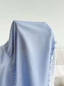 SHEIN Maternity Spliced Lace Striped Long Sleeve Single-Breasted Elegant Dress - Blue and White - View 8