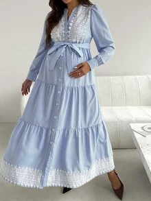 SHEIN Maternity Spliced Lace Striped Long Sleeve Single-Breasted Elegant Dress - Blue and White - View 3