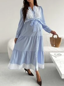 SHEIN Maternity Spliced Lace Striped Long Sleeve Single-Breasted Elegant Dress - Blue and White - View 1