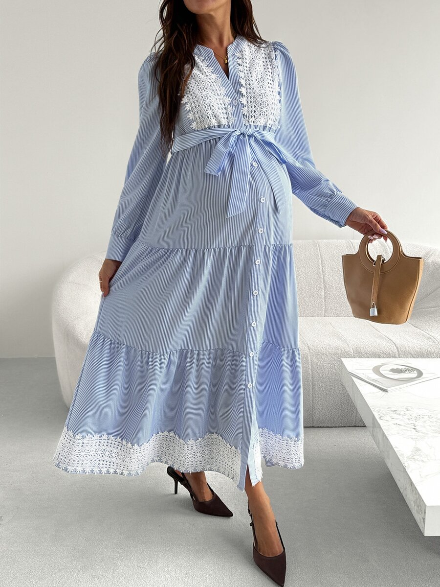 SHEIN Maternity Spliced Lace Striped Long Sleeve Single-Breasted Elegant Dress - Blue and White - View 1