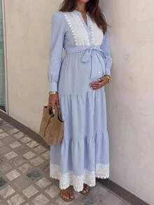 SHEIN Maternity Spliced Lace Striped Long Sleeve Single-Breasted Elegant Dress - Blue and White - View 2