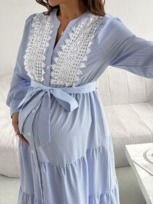 SHEIN Maternity Spliced Lace Striped Long Sleeve Single-Breasted Elegant Dress - Blue and White - View 6