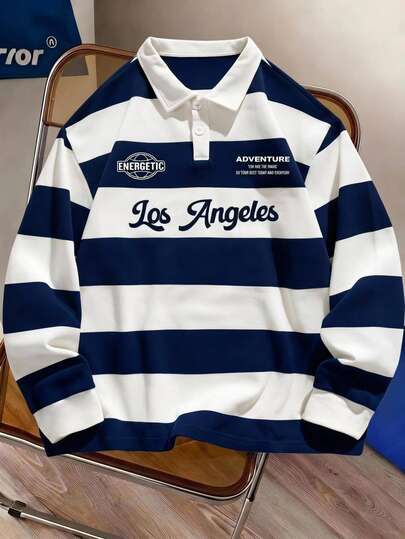 Casuvi Kids Teenager Autumn American Collegiate Streetwear Baggy Cute Colorblock Striped Polo Blue White Los Angeles Letter Digital Print T-Shirt Sixth Form Beach