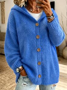 Holdful Holdful Autumn/Winter New Casual Versatile Solid Color Button Hooded Knit Cardigan - Blue - View 2