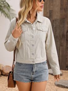 SHEIN PETITE Women's Long Sleeve Single-Breasted Casual Denim Jacket - Apricot - View 6