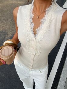 Siren Gaze Vintage Knitted Lace Trim Button Front Cardigan Vest, Cream Yellow, Autumn/Winter - Apricot - View 9