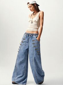 Bohemela 休閒純色梭織寬腿女款牛仔褲 - 淺色水洗藍 - 查看 6