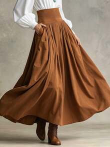 Glimmora Women's Solid Color Pleated Casual Versatile Skirt - Brown - View 1