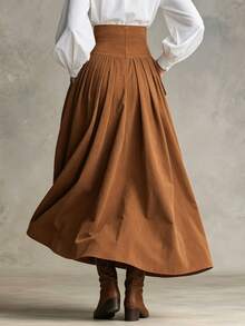 Glimmora Women's Solid Color Pleated Casual Versatile Skirt - Brown - View 3