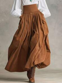 Glimmora Women's Solid Color Pleated Casual Versatile Skirt - Brown - View 2