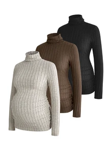 Modmama 3-Piece Solid Color High-Neck Long-Sleeve Maternity Nursing Top Fall Homewear Breastfeeding Black Grey Casual Baggy - Multicolor - View 16