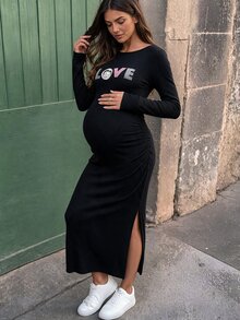 Lyckli Betty Boop x SHEIN Maternity Casual Letter Embossed Side Slit Dress, Autumn Fall - Black - View 1