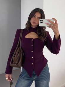Siren Gaze Women's Solid Color Frog Button Design Elegant Vintage Blazer Dinner Night Out Plum Purple Summer - Burgundy - View 1