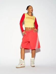 SUMWON America's Sweetheart Gothic Text Chest Print Color Block Crop Long Sleeve Crew Neck Top With Contrast Red Sleeves - Multicolor - View 3
