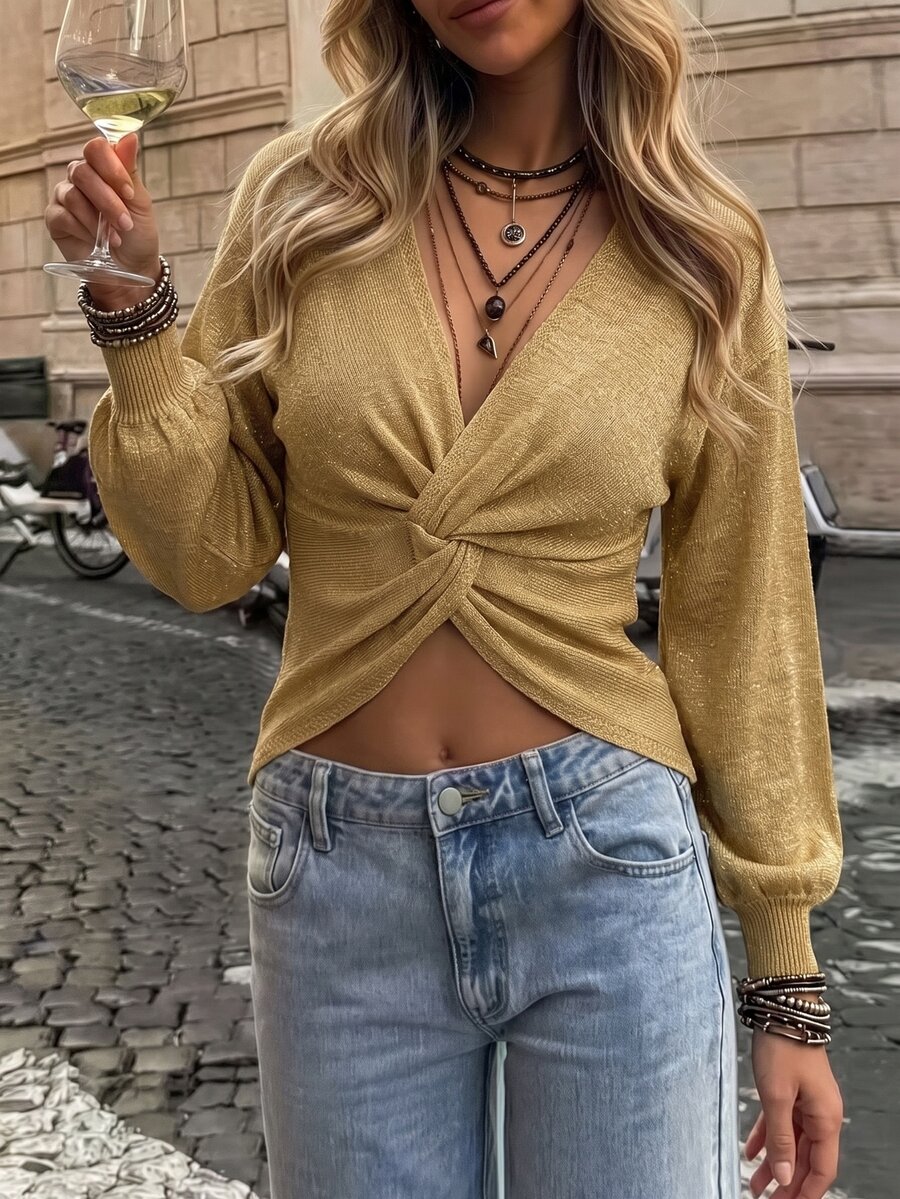 SHEIN LUNE Shiny Golden Yellow Front Twist Lantern Sleeve Elegant Sexy Women's Sweater, Suitable For Autumn/Winter Wear Night Out Brunch Date Night - Yellow - View 1