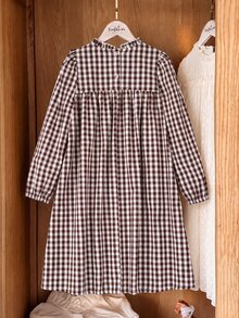 Tween Girls Autumn Winter Cotton Plaid Long Sleeve Dress Ruffle Collar Bow Decor Vintage Outfits - Multicolor - View 2