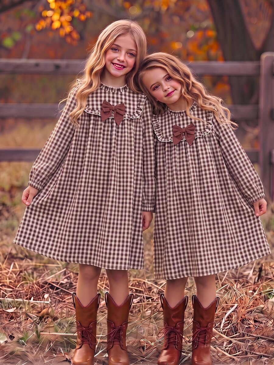 Tween Girls Autumn Winter Cotton Plaid Long Sleeve Dress Ruffle Collar Bow Decor Vintage Outfits - Multicolor - View 1