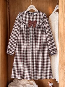 Tween Girls Autumn Winter Cotton Plaid Long Sleeve Dress Ruffle Collar Bow Decor Vintage Outfits - Multicolor - View 8