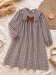 Tween Girls Autumn Winter Cotton Plaid Long Sleeve Dress Ruffle Collar Bow Decor Vintage Outfits - Multicolor - View 4