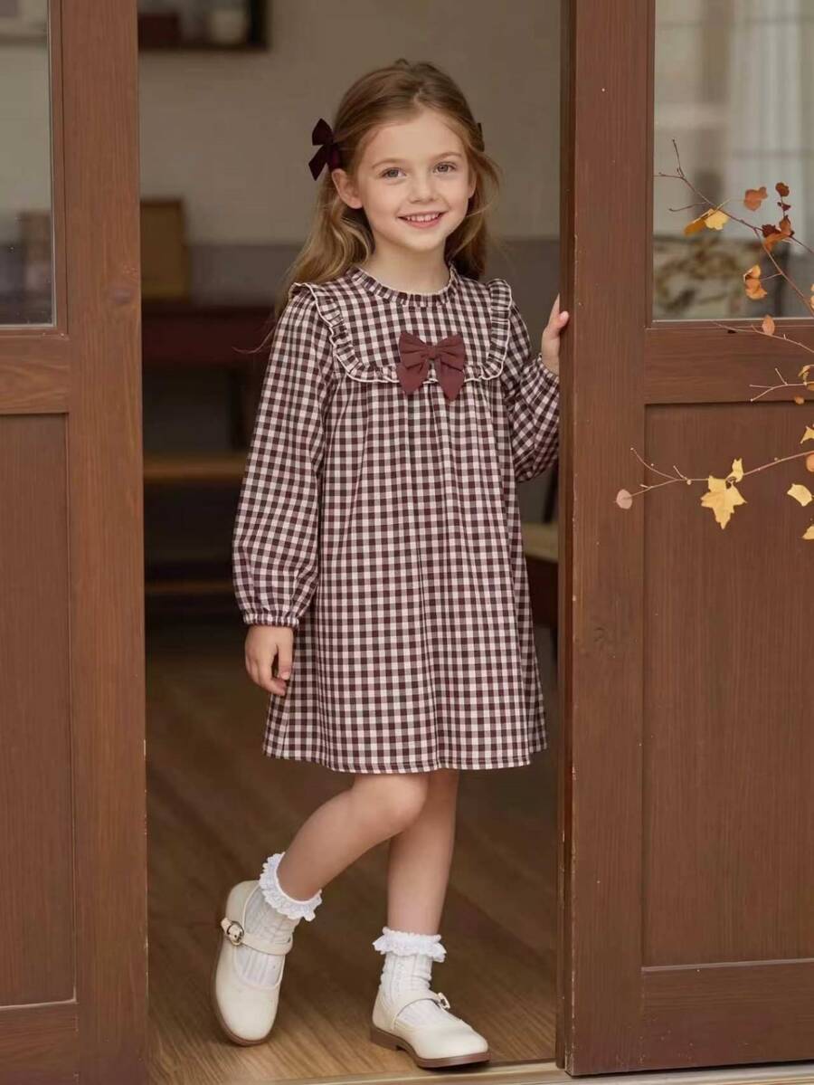 Tween Girls Autumn Winter Cotton Plaid Long Sleeve Dress Ruffle Collar Bow Decor Vintage Outfits - Multicolor - View 1