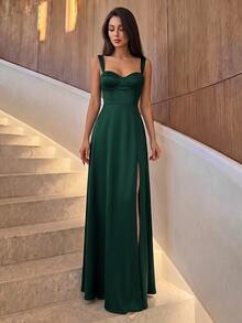 Firerie Women's Solid Color Side Slit Hem Elegant Spaghetti Strap Bridesmaid Dress (Adult) - Dark Green - View 4