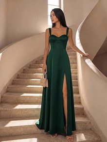Firerie Women's Solid Color Side Slit Hem Elegant Spaghetti Strap Bridesmaid Dress (Adult) - Dark Green - View 7