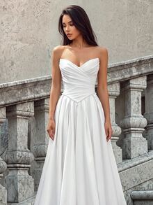 Firerie Elegant Luxurious Satin Ruched Extra-Wide Hem Sexy Strapless Dress, Suitable For Weddings, Events, Bachelorette Parties, Vacations, Galas, Holidays - Beige - View 6