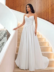 Firerie Elegant Luxurious Satin Ruched Extra-Wide Hem Sexy Strapless Dress, Suitable For Weddings, Events, Bachelorette Parties, Vacations, Galas, Holidays - Beige - View 1