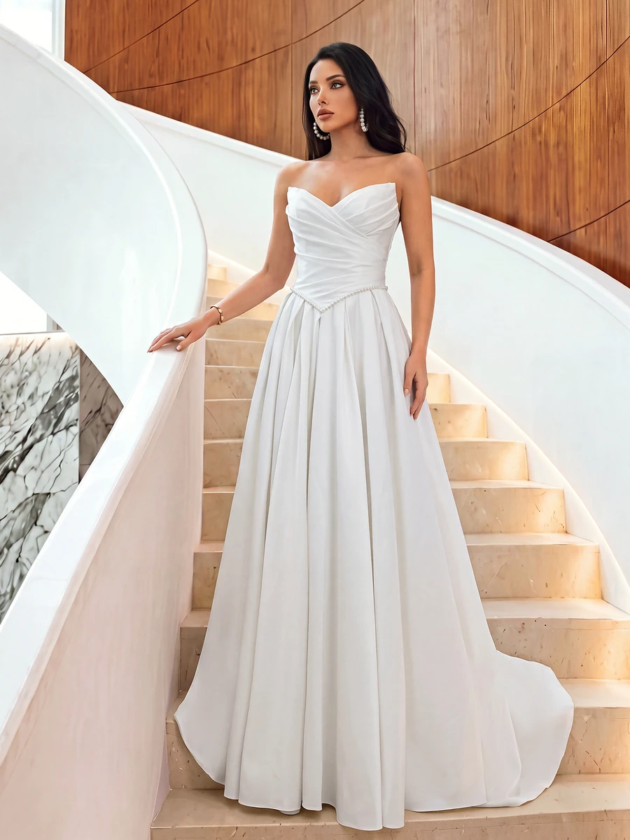 Firerie Elegant Luxurious Satin Ruched Extra-Wide Hem Sexy Strapless Dress, Suitable For Weddings, Events, Bachelorette Parties, Vacations, Galas, Holidays - Beige - View 1