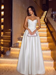 Firerie Elegant Luxurious Satin Ruched Extra-Wide Hem Sexy Strapless Dress, Suitable For Weddings, Events, Bachelorette Parties, Vacations, Galas, Holidays - Beige - View 3