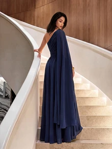 Firerie 女士纯色褶皱单肩开衩下摆优雅伴娘礼服 - 藏蓝色 - 查看 2