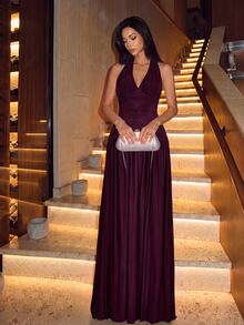 Firerie Elegant Formal Romantic Fashion Stretch Mesh Halter Neck Ruched Decor A-Line Party Dinner Evening Wedding Guest Dress Burgundy Bridesmaid Spring - Purple - View 5