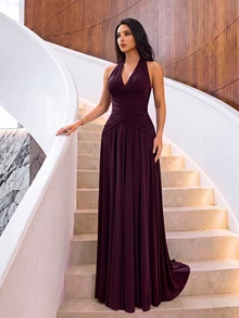Firerie Elegant Formal Romantic Fashion Stretch Mesh Halter Neck Ruched Decor A-Line Party Dinner Evening Wedding Guest Dress Burgundy Bridesmaid Spring - Purple - View 7