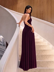 Firerie Elegant Formal Romantic Fashion Stretch Mesh Halter Neck Ruched Decor A-Line Party Dinner Evening Wedding Guest Dress Burgundy Bridesmaid Spring - Purple - View 2