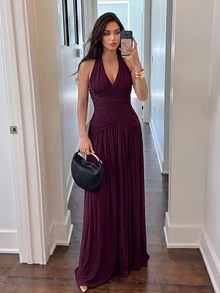 Firerie Elegant Formal Romantic Fashion Stretch Mesh Halter Neck Ruched Decor A-Line Party Dinner Evening Wedding Guest Dress Burgundy Bridesmaid Spring - Purple - View 1