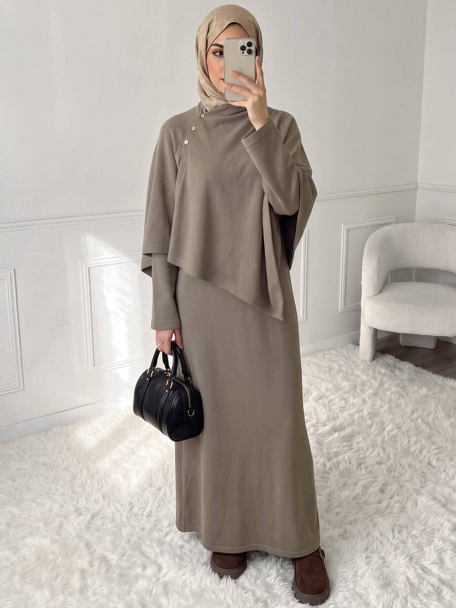 Veilorie طقم نسائي أنيق من قطعتين: كارديجان شال بلون موحد مع تصميم أزرار وحافة غير متماثلة وفستان محبوك - كاكي - مشاهدة 1