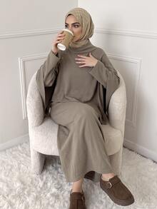 Veilorie طقم نسائي أنيق من قطعتين: كارديجان شال بلون موحد مع تصميم أزرار وحافة غير متماثلة وفستان محبوك - كاكي - مشاهدة 6